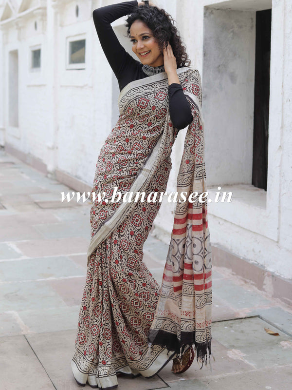 Linen Cotton Bagru Hand-Block Printed Saree-Beige