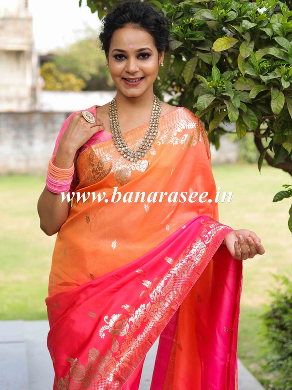 Banarasee Handwoven Dual  Color Semi Silk Saree With Floral Buta & Broad Border-Orange & Pink
