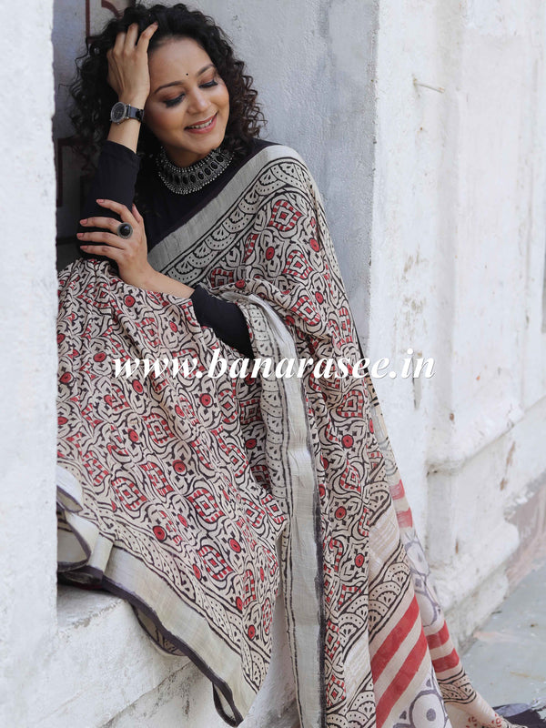 Linen Cotton Bagru Hand-Block Printed Saree-Beige