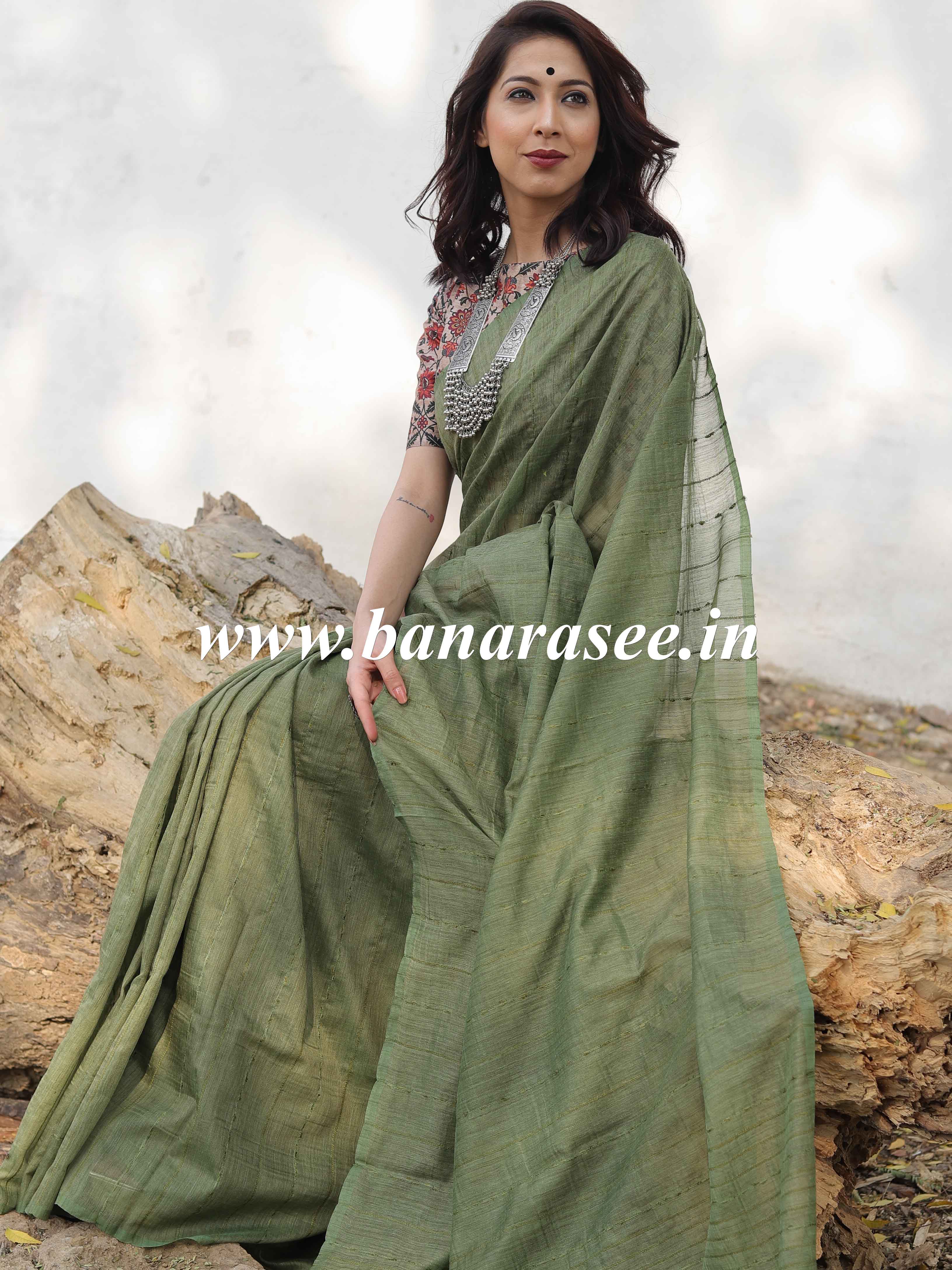 Bhagalpur Cotton Silk Ghichha Work Saree-Olive Green