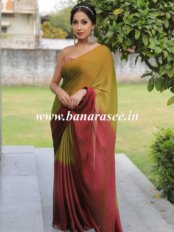 Banarasee Velvet Chiffon Sari With Swarovski Border & Contrast Sequins Work Blouse-Green & Maroon