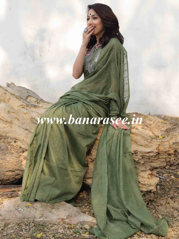 Bhagalpur Cotton Silk Ghichha Work Saree-Olive Green
