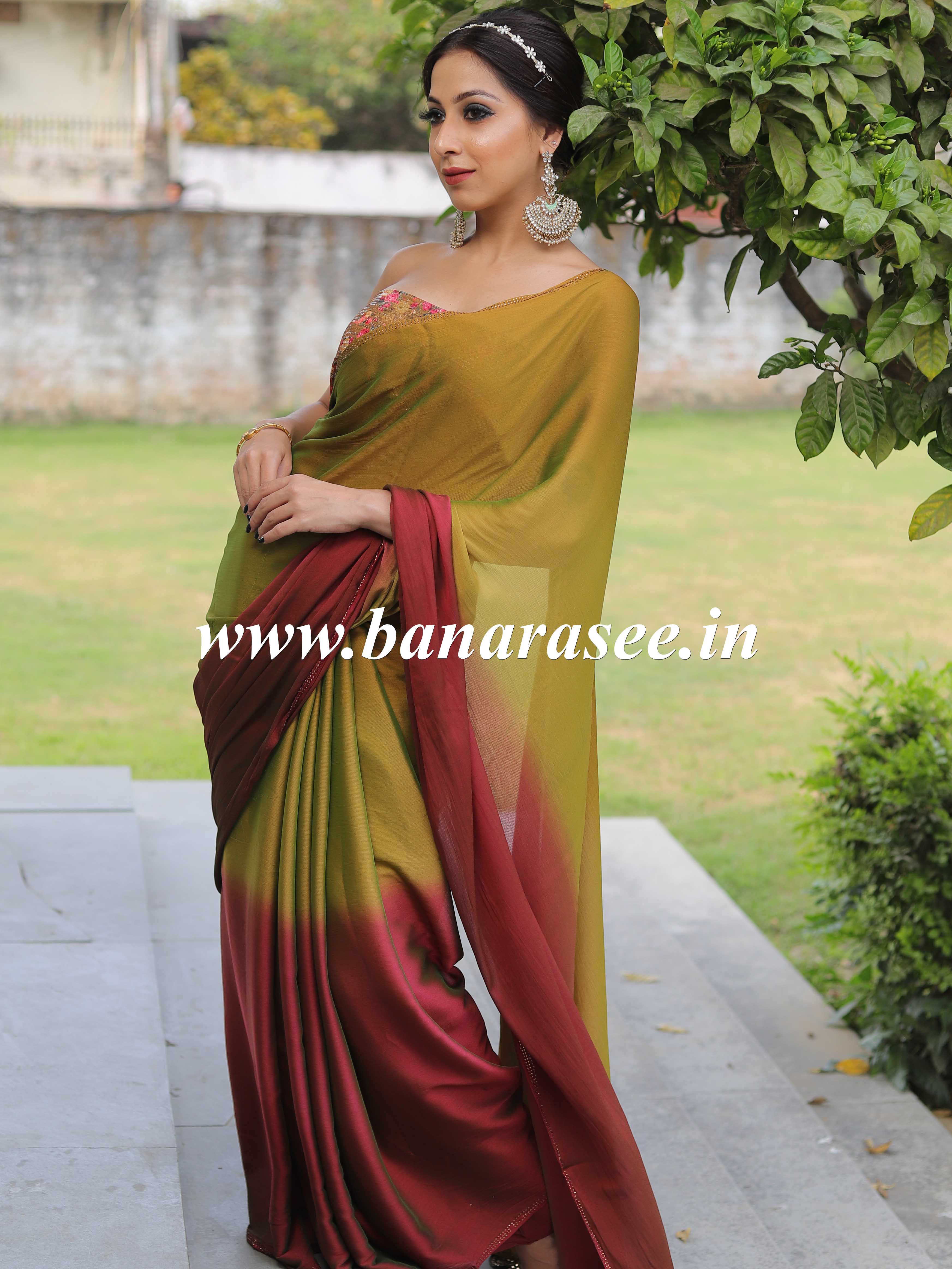 Banarasee Velvet Chiffon Sari With Swarovski Border & Contrast Sequins Work Blouse-Green & Maroon