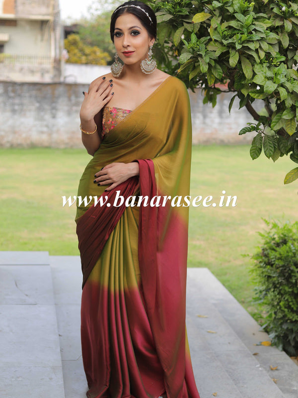 Banarasee Velvet Chiffon Sari With Swarovski Border & Contrast Sequins Work Blouse-Green & Maroon