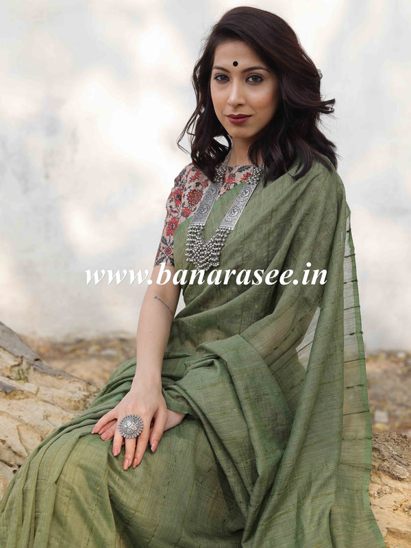 Bhagalpur Cotton Silk Ghichha Work Saree-Olive Green