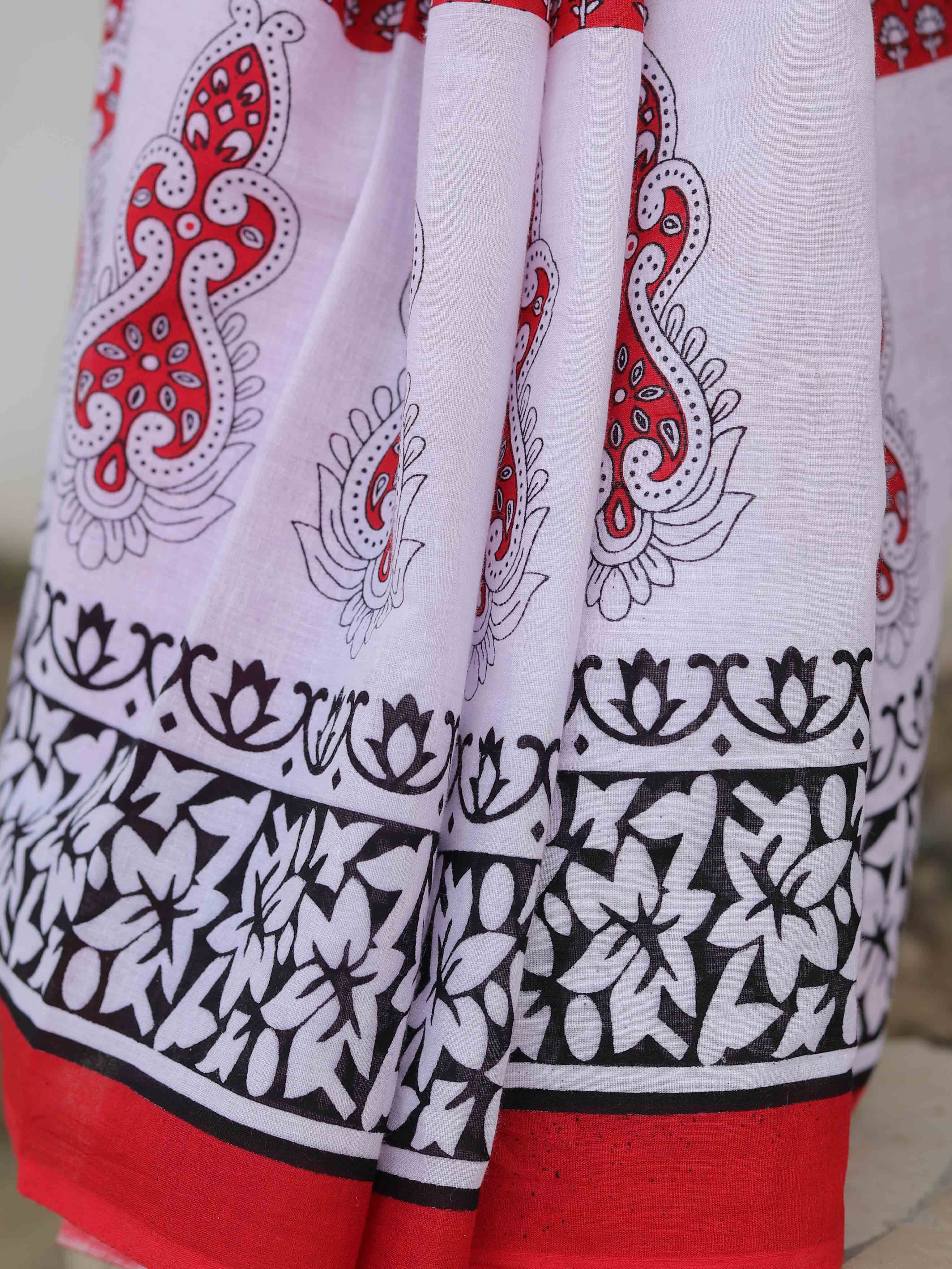 Handloom Mul Cotton Hand-block Print Saree-Red & White