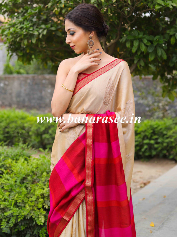 Banarasee Silk Blend Saree With Contrast Zari Border & Blouse-Beige