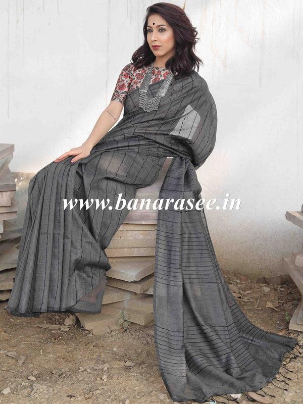 Bhagalpur Cotton Silk Ghichha Work Saree-Black
