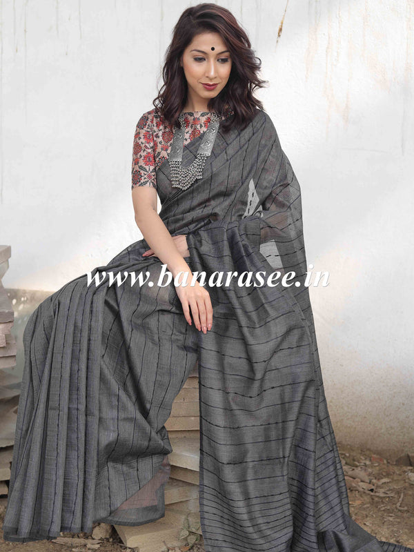 Bhagalpur Cotton Silk Ghichha Work Saree-Black