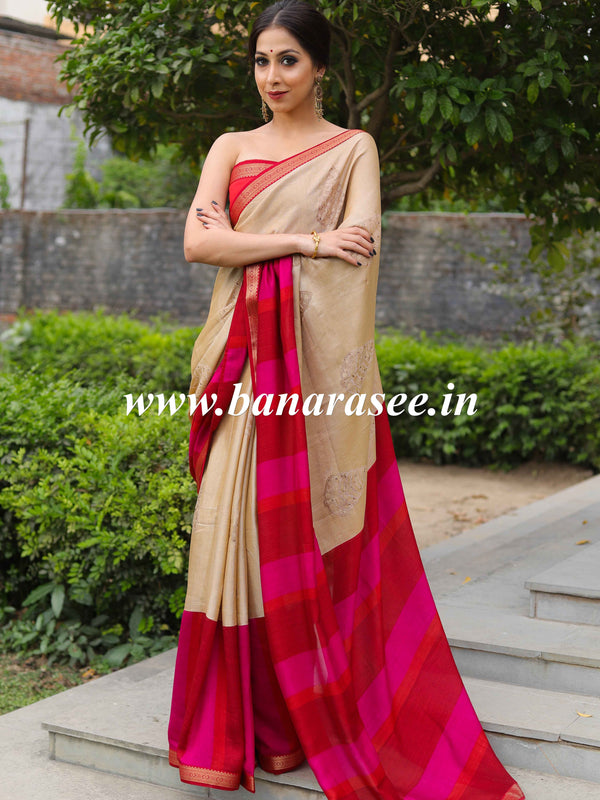 Banarasee Silk Blend Saree With Contrast Zari Border & Blouse-Beige