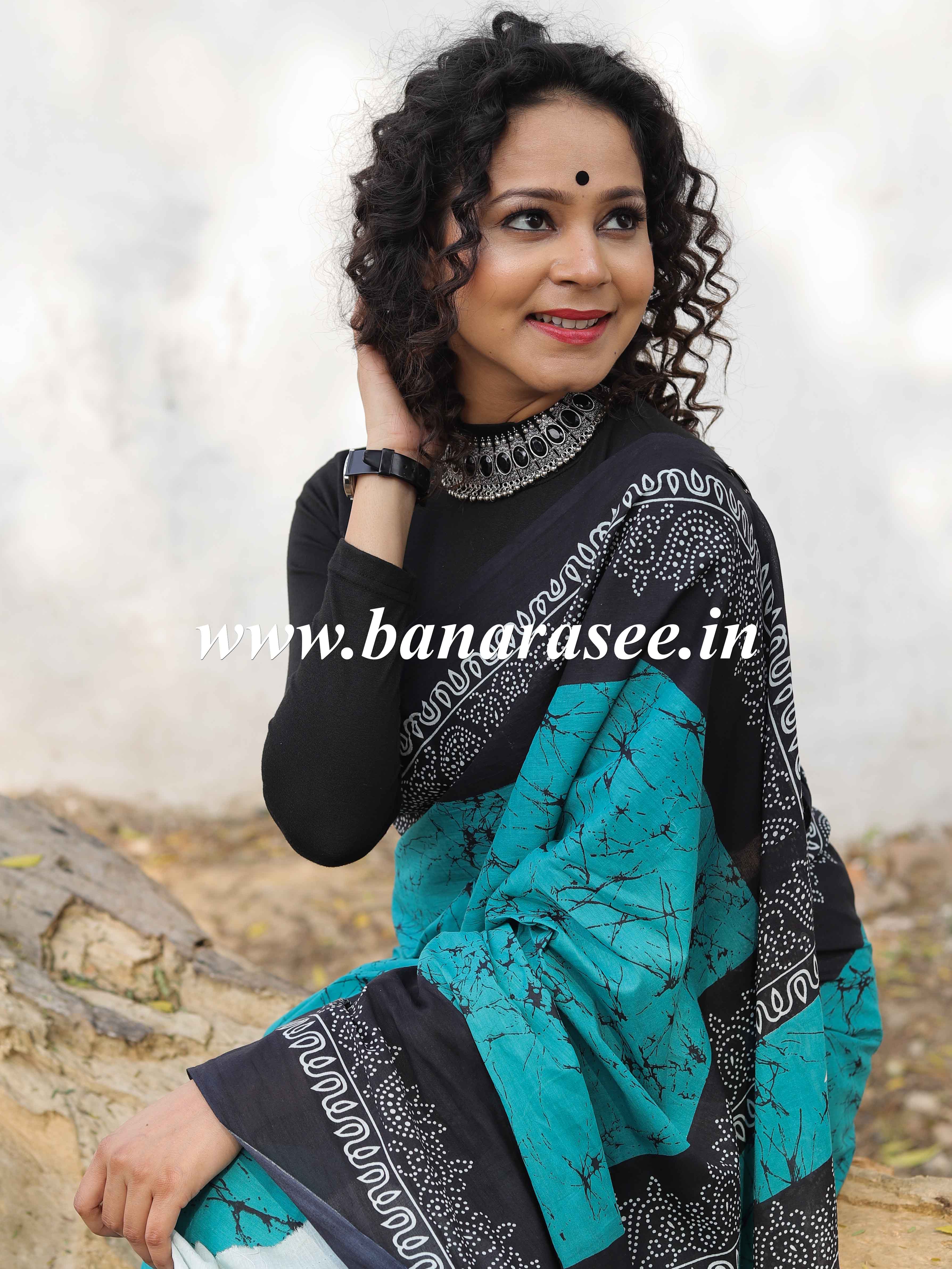 Handloom Mul Cotton Hand-block Print Saree-Green & Black