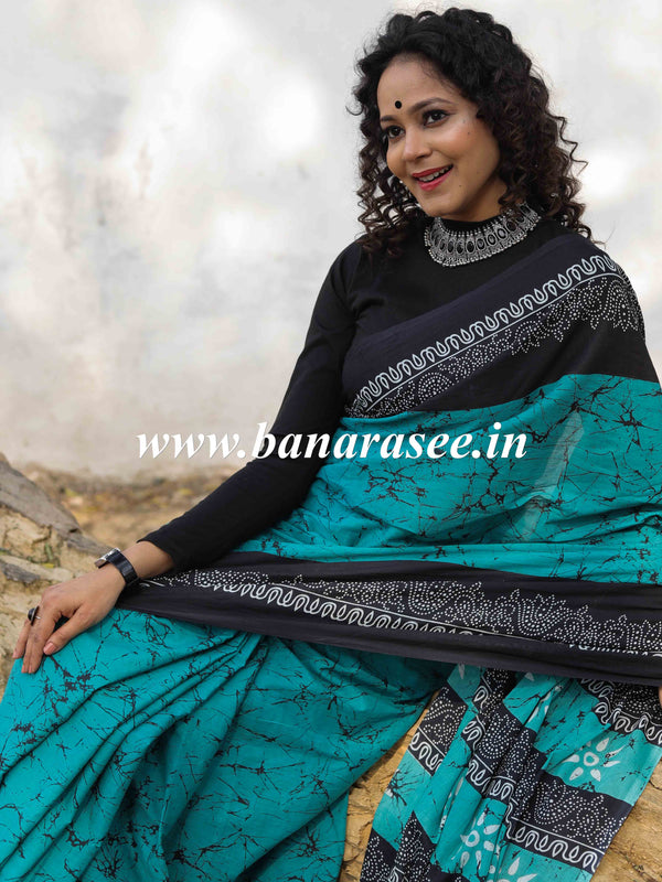 Handloom Mul Cotton Hand-block Print Saree-Green & Black