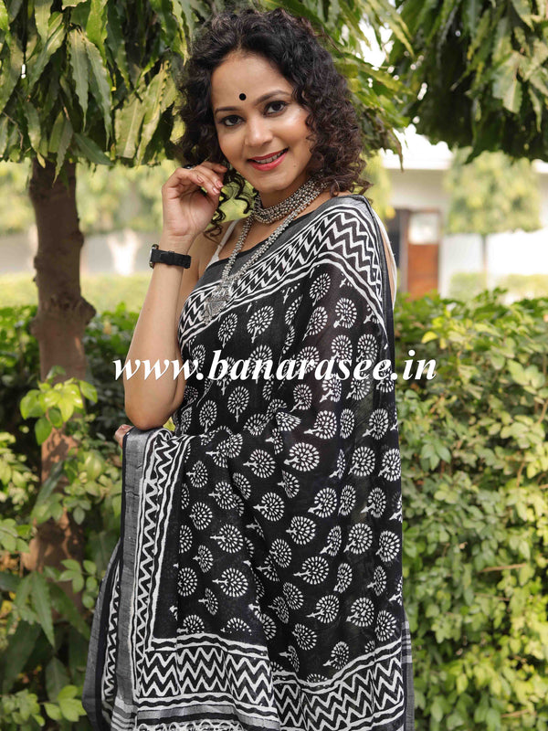 Linen Cotton Bagru Hand-Block Printed Saree-Black