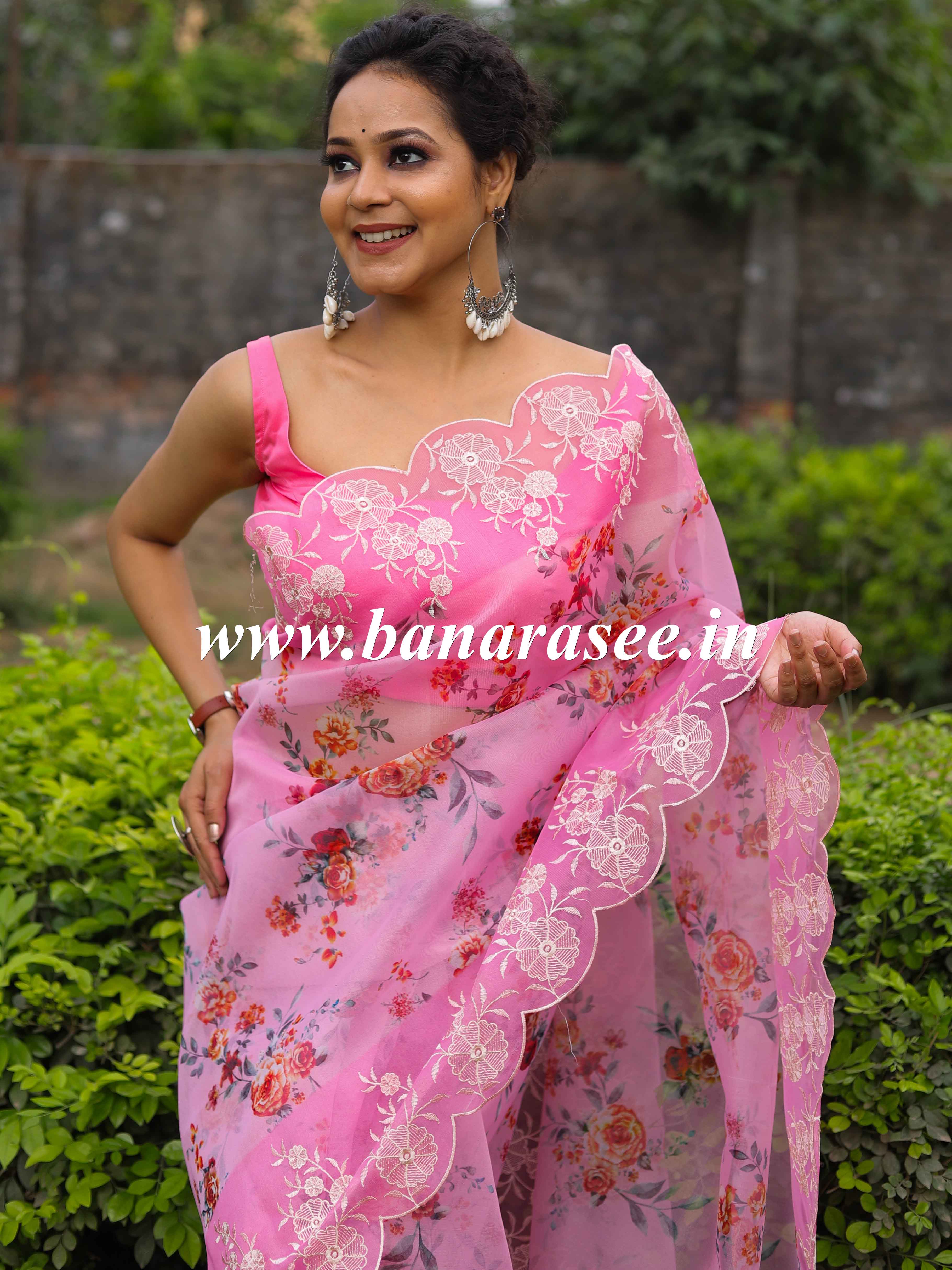 Banarasee Organza Silk Embroidered Saree With Digital Floral Print-Pink