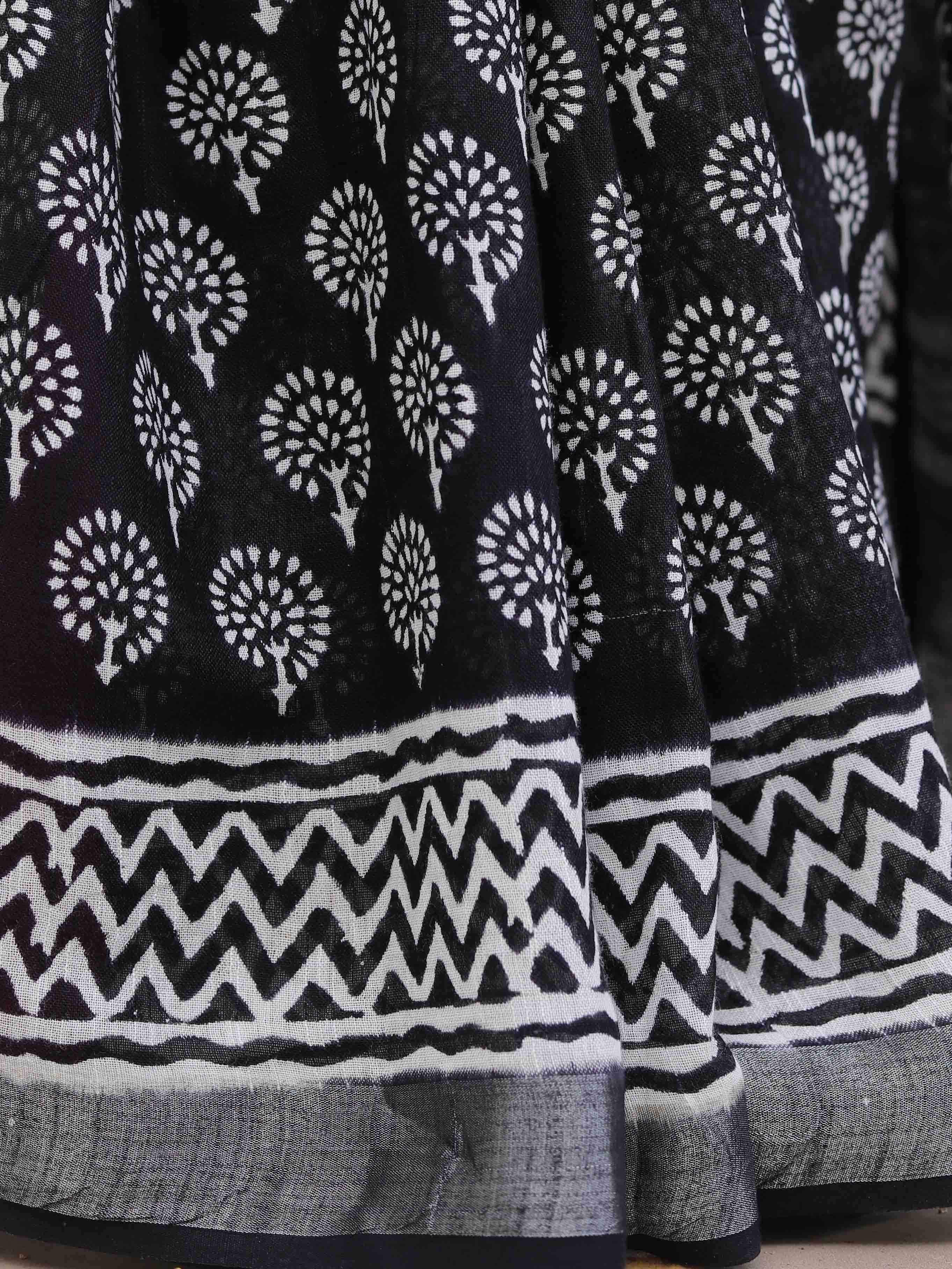 Linen Cotton Bagru Hand-Block Printed Saree-Black