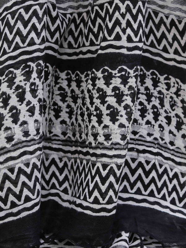 Linen Cotton Bagru Hand-Block Printed Saree-Black