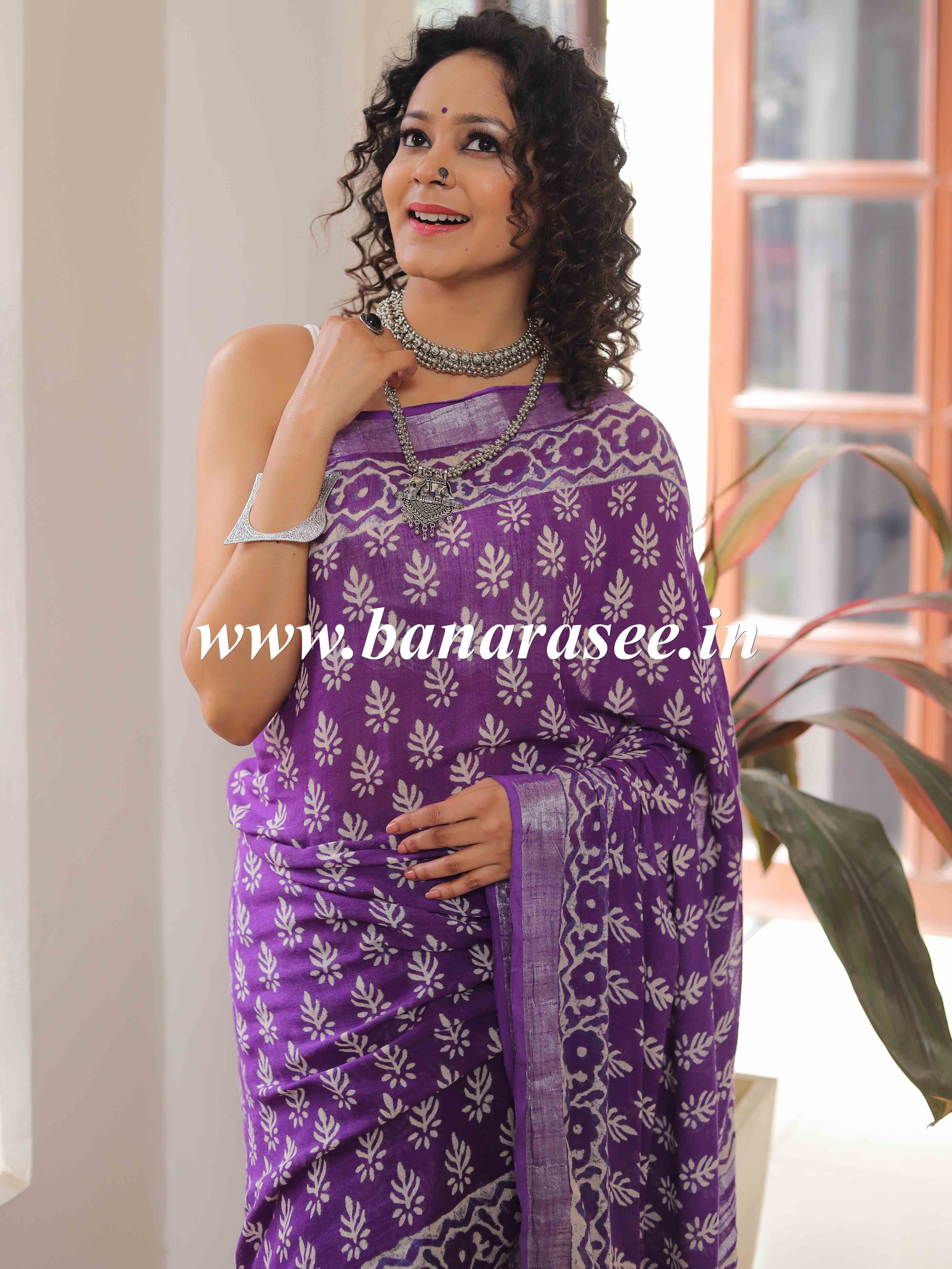 Linen Cotton Bagru Hand-Block Printed Saree-Purple