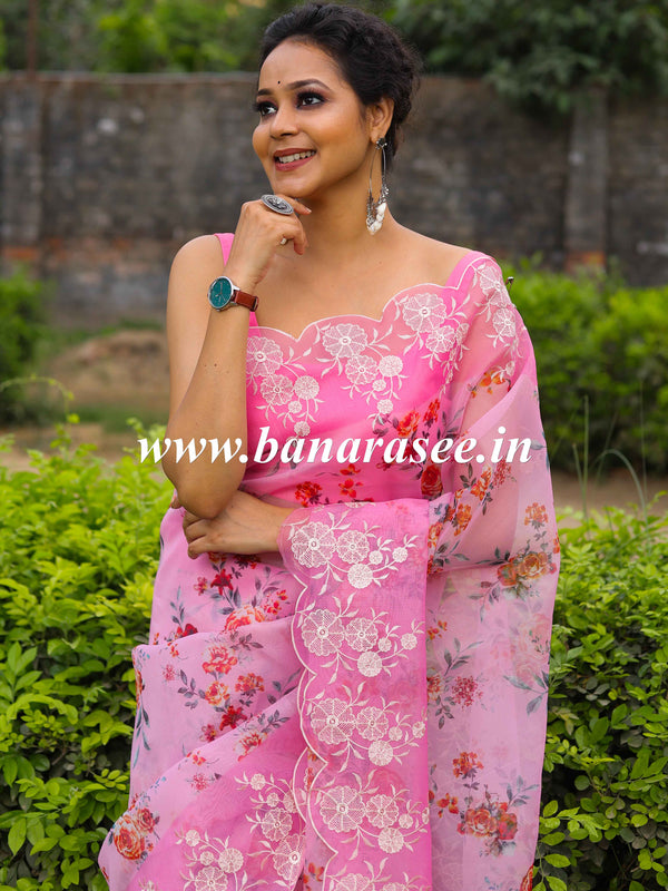 Banarasee Organza Silk Embroidered Saree With Digital Floral Print-Pink