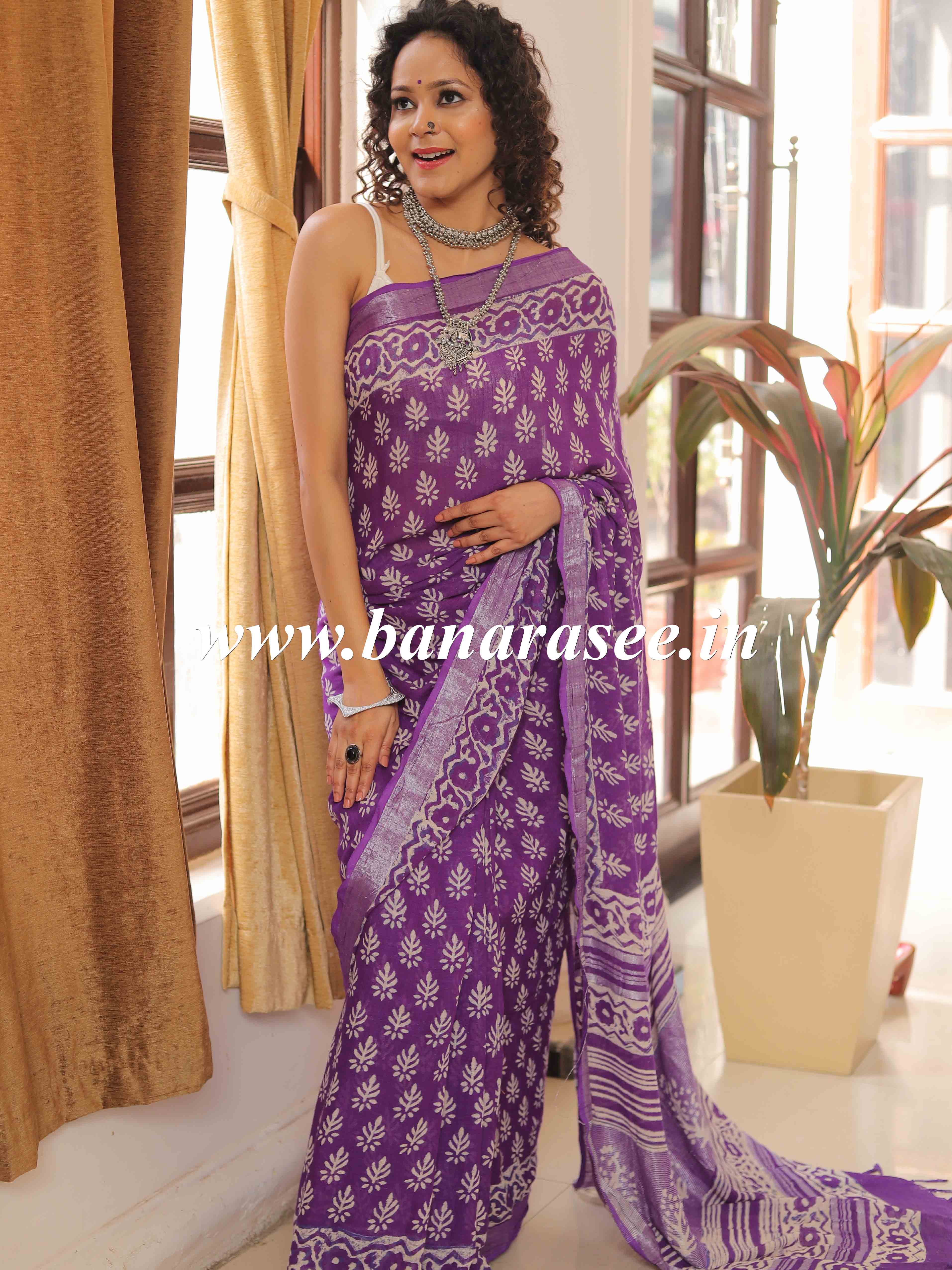Linen Cotton Bagru Hand-Block Printed Saree-Purple