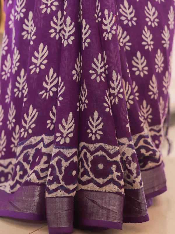 Linen Cotton Bagru Hand-Block Printed Saree-Purple