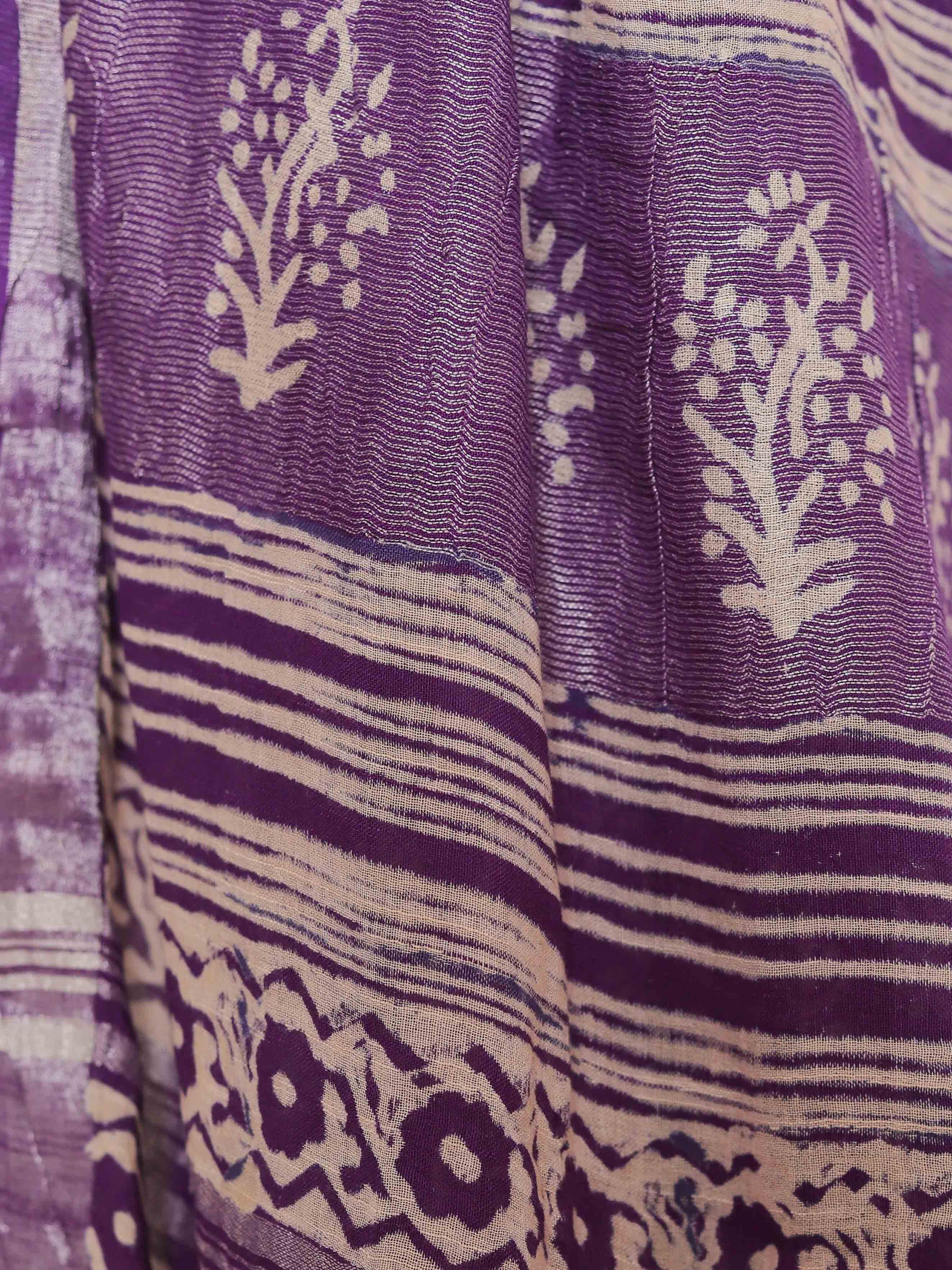 Linen Cotton Bagru Hand-Block Printed Saree-Purple