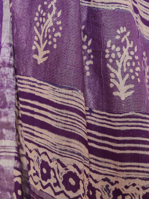 Linen Cotton Bagru Hand-Block Printed Saree-Purple