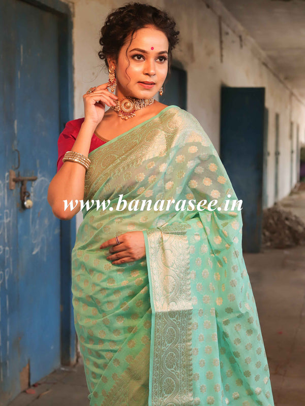 Banarasee Handwoven Semi-Chiffon Saree With Silver Zari Buti & Border-Green