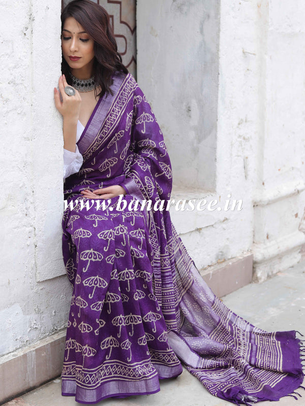 Linen Cotton Bagru Hand-Block Printed Saree-Purple