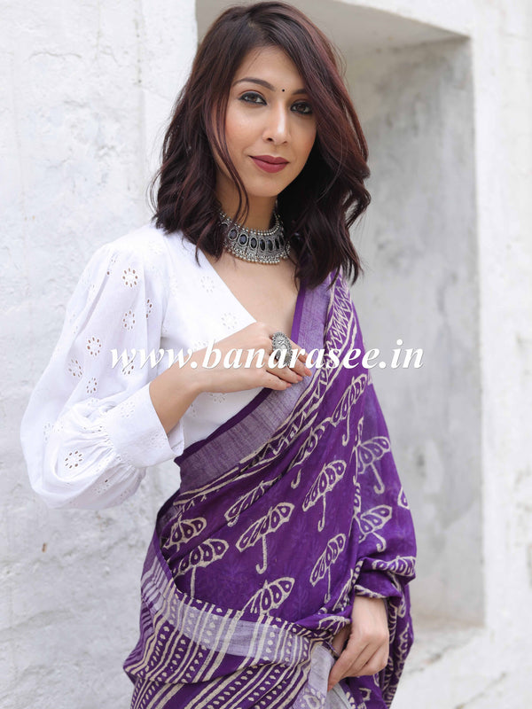 Linen Cotton Bagru Hand-Block Printed Saree-Purple