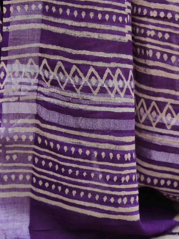 Linen Cotton Bagru Hand-Block Printed Saree-Purple