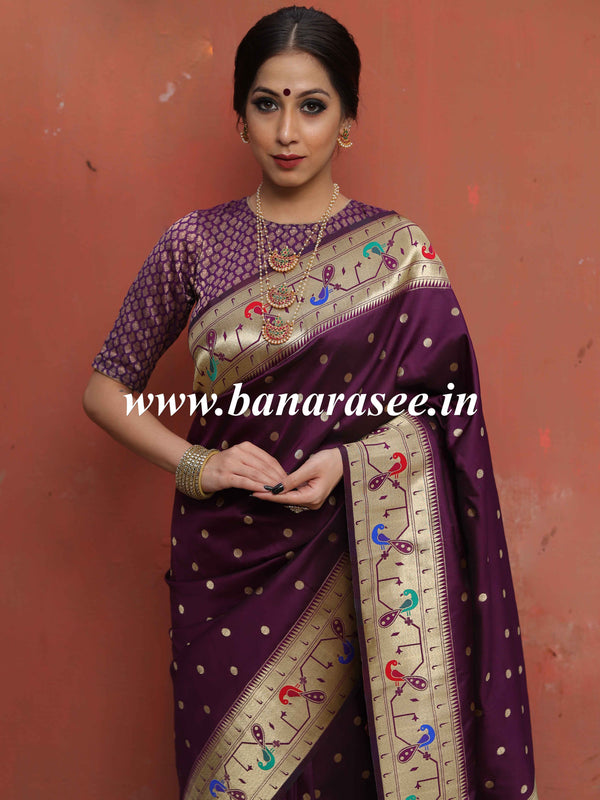 Banarasee Handwoven Semi-Katan Zari Buta & Border Design Saree-Violet