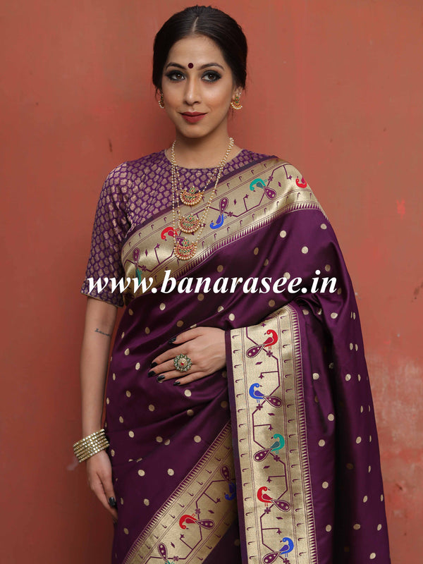 Banarasee Handwoven Semi-Katan Zari Buta & Border Design Saree-Violet