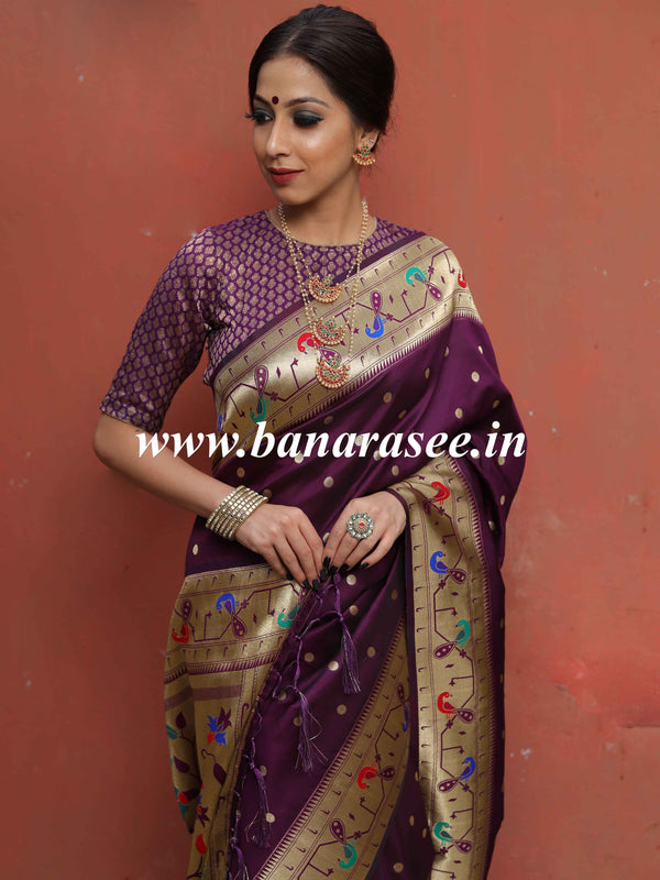 Banarasee Handwoven Semi-Katan Zari Buta & Border Design Saree-Violet