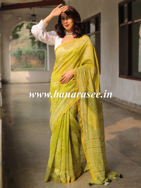 Handloom Chanderi Bagru Block Printed Mirror-Work Saree-Henna Green