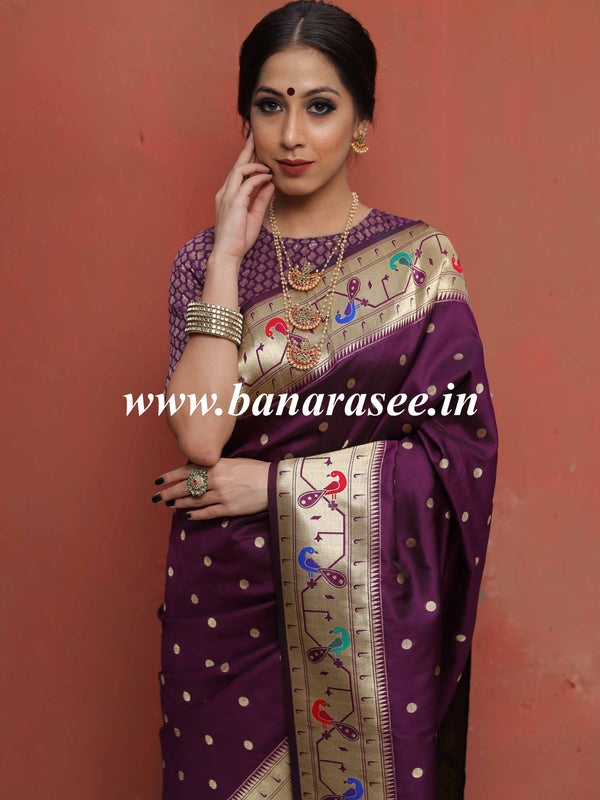 Banarasee Handwoven Semi-Katan Zari Buta & Border Design Saree-Violet