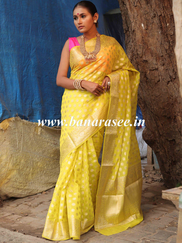 Banarasee Handwoven Semi-Chiffon Saree With Silver Zari Buti & Border-Yellow