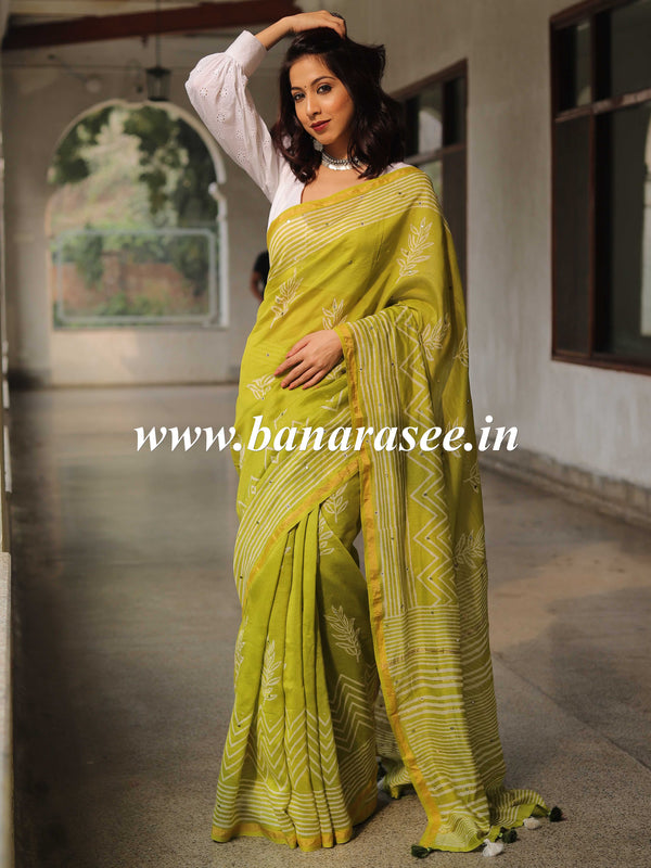 Handloom Chanderi Bagru Block Printed Mirror-Work Saree-Henna Green