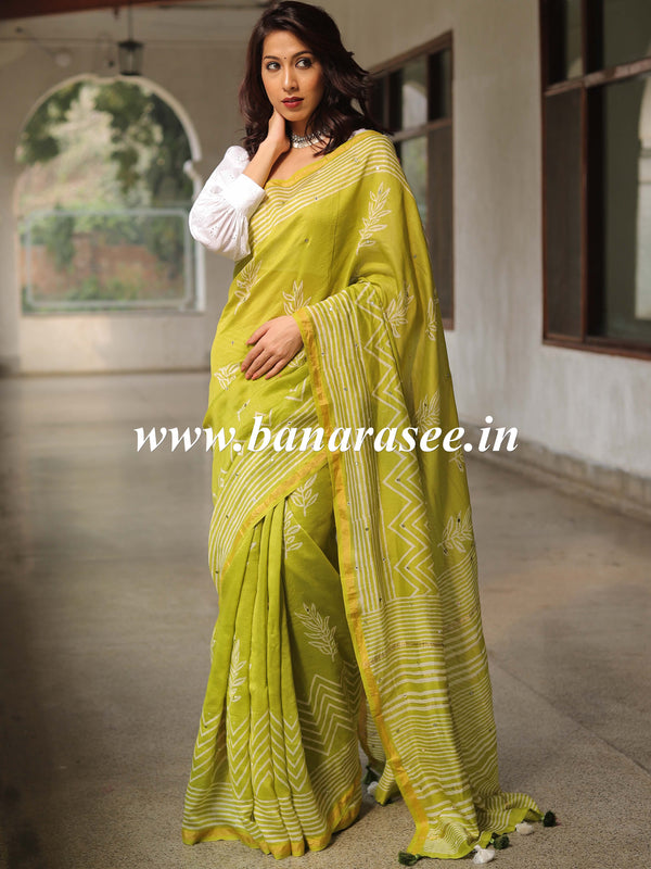 Handloom Chanderi Bagru Block Printed Mirror-Work Saree-Henna Green