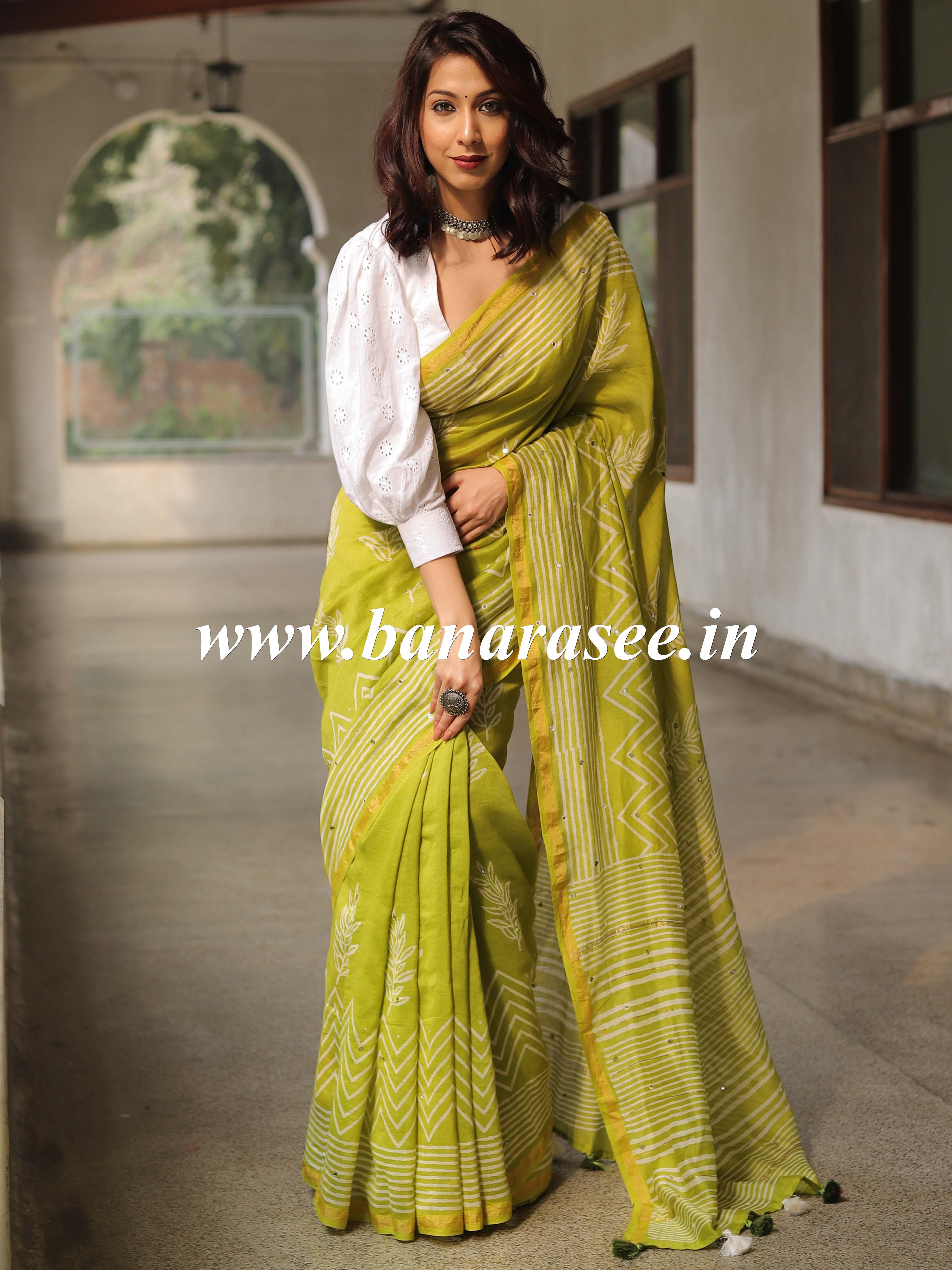 Handloom Chanderi Bagru Block Printed Mirror-Work Saree-Henna Green