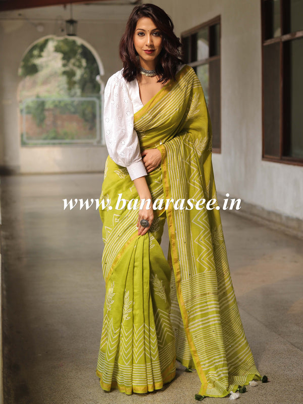 Handloom Chanderi Bagru Block Printed Mirror-Work Saree-Henna Green