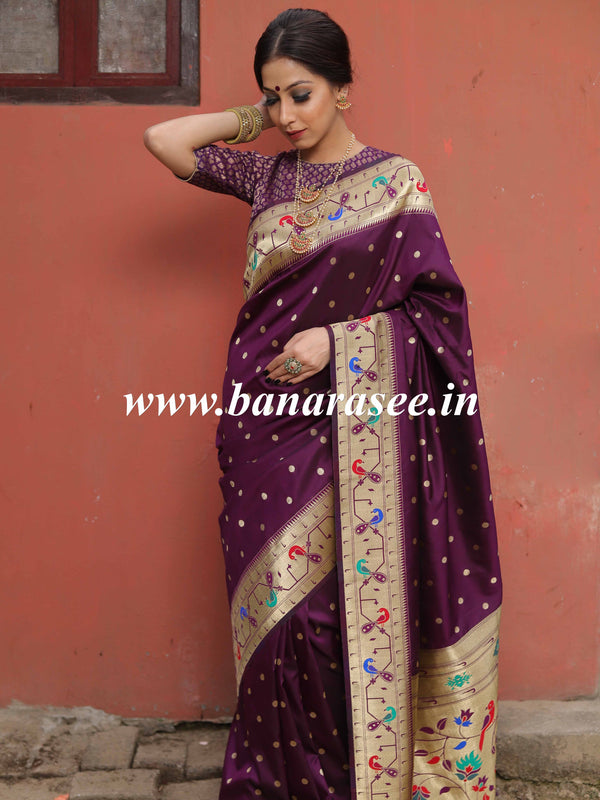 Banarasee Handwoven Semi-Katan Zari Buta & Border Design Saree-Violet