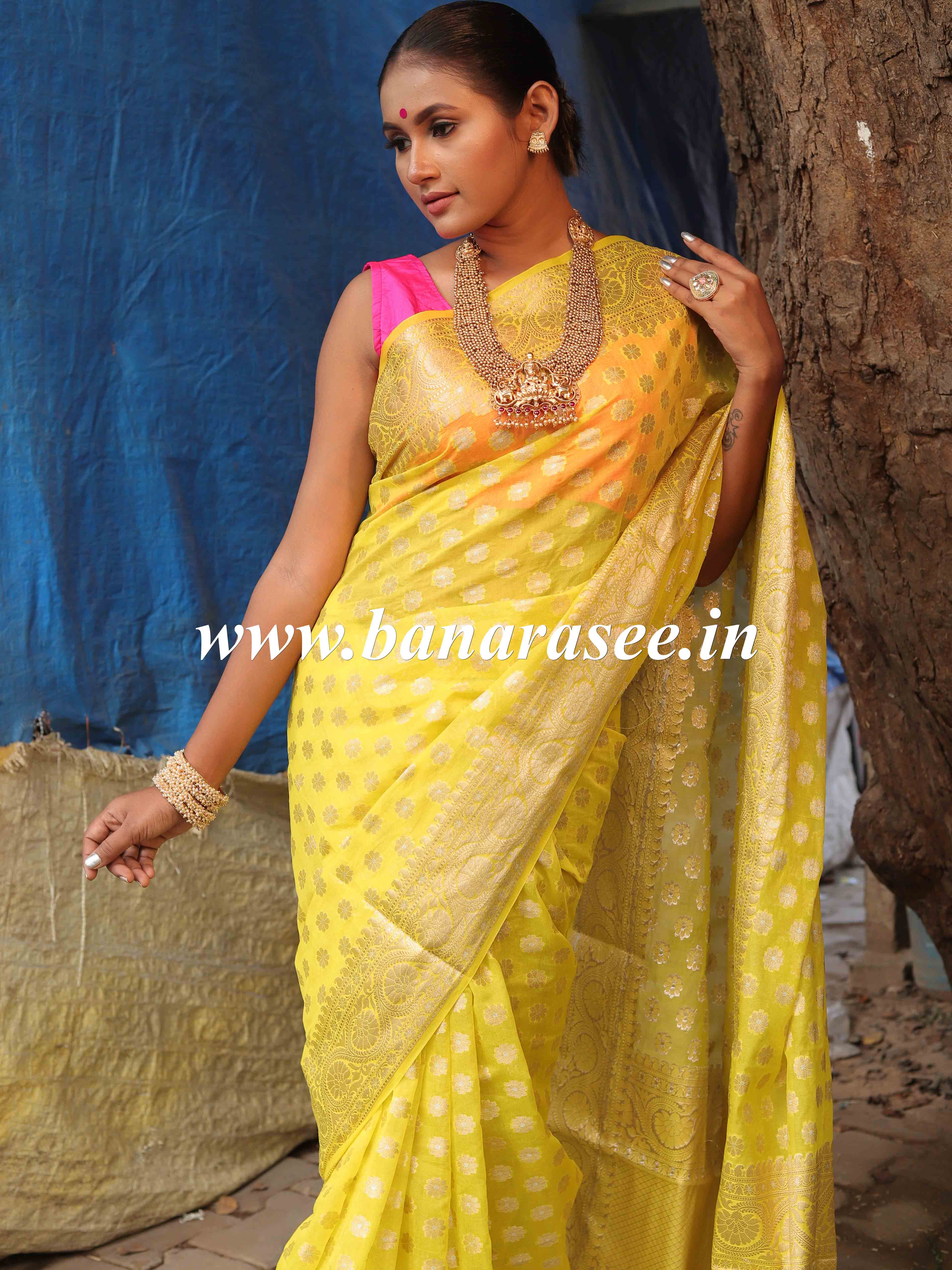 Banarasee Handwoven Semi-Chiffon Saree With Silver Zari Buti & Border-Yellow