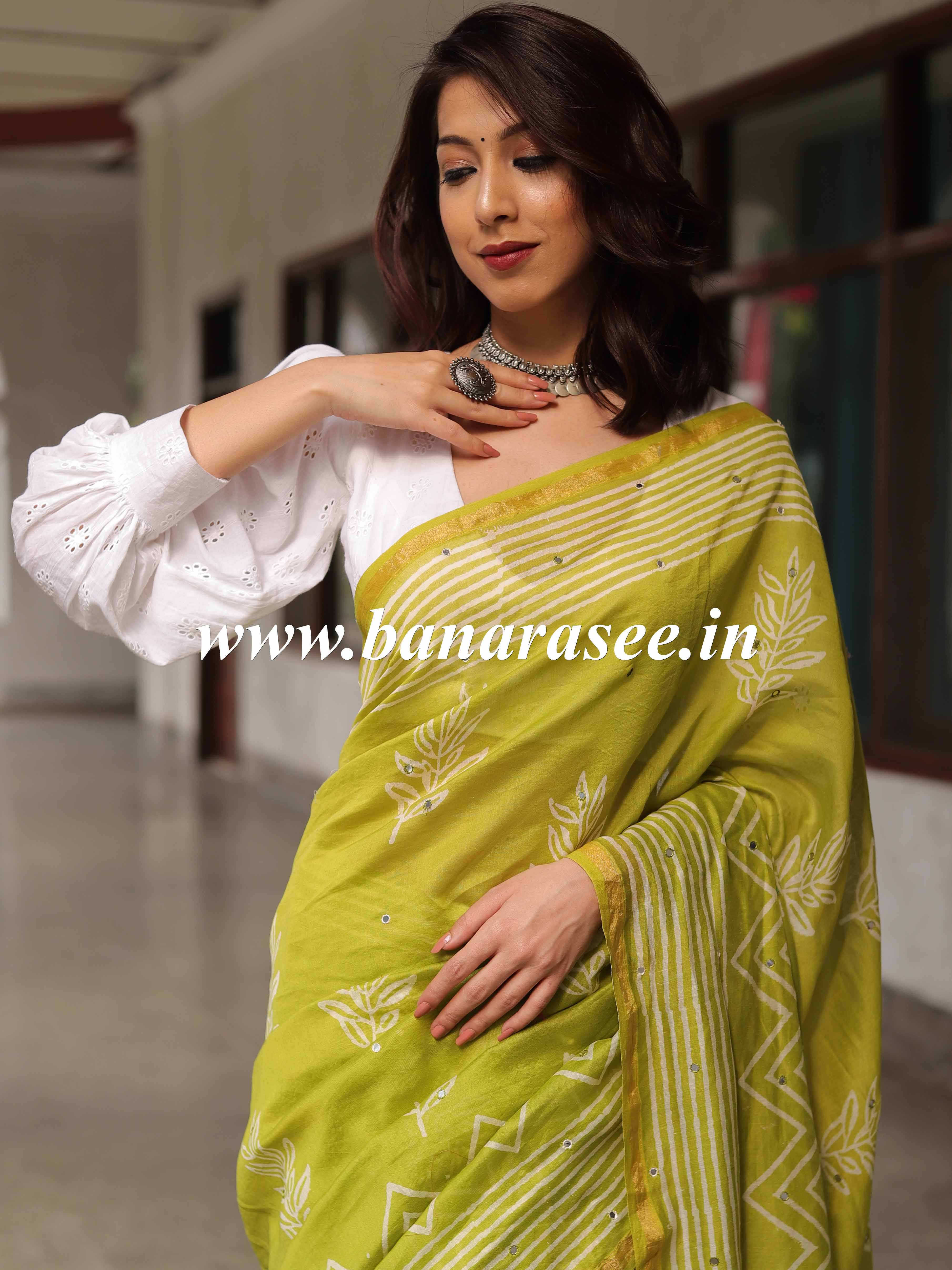 Handloom Chanderi Bagru Block Printed Mirror-Work Saree-Henna Green