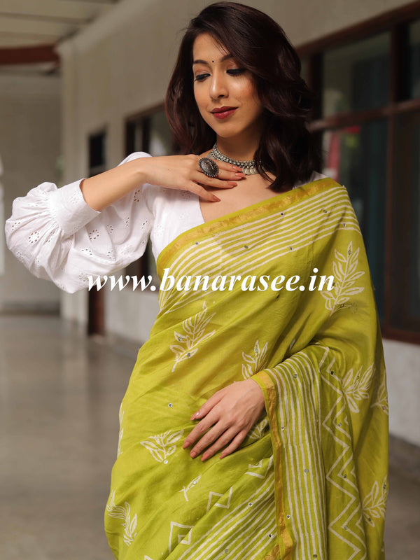 Handloom Chanderi Bagru Block Printed Mirror-Work Saree-Henna Green