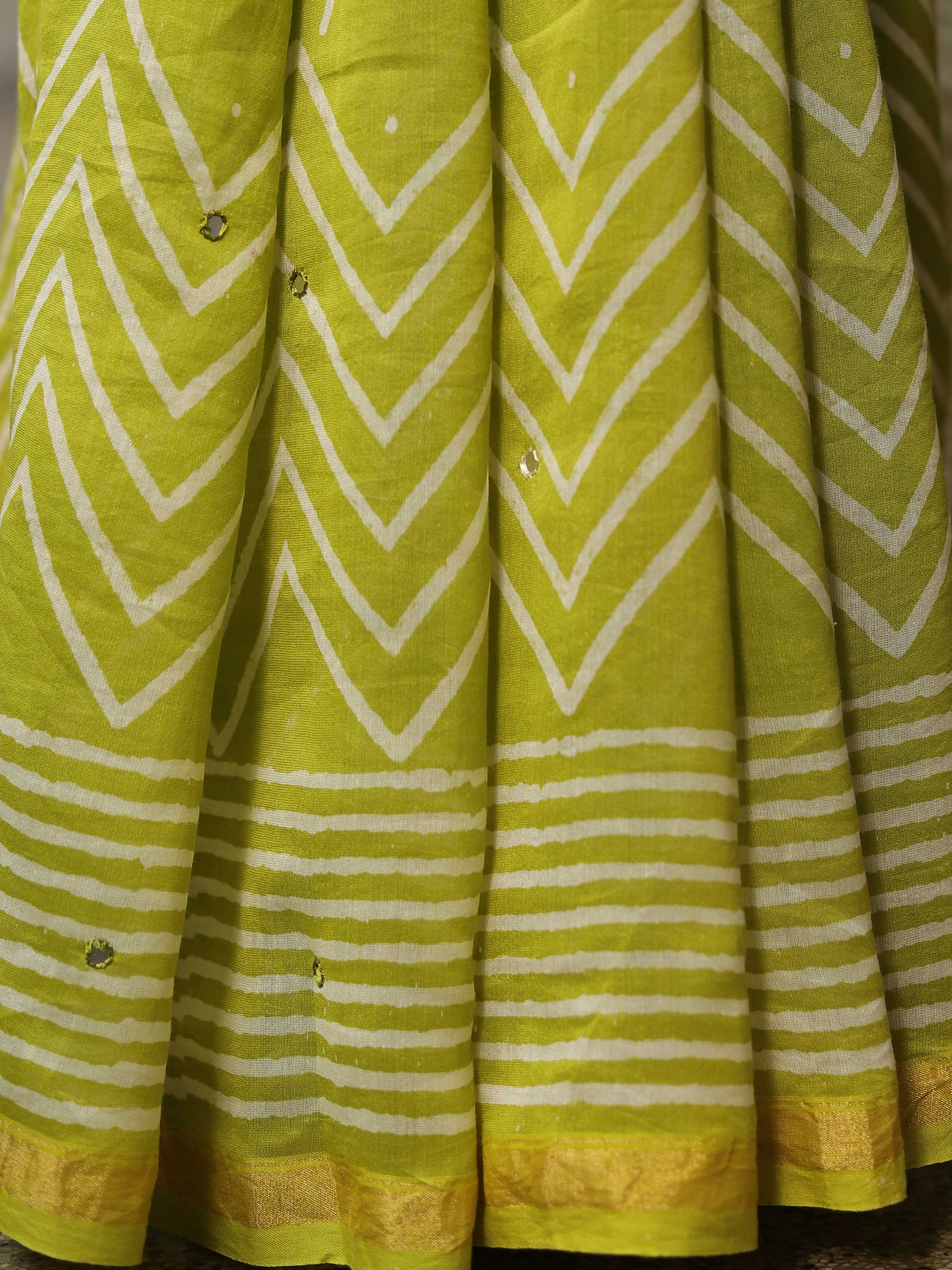Handloom Chanderi Bagru Block Printed Mirror-Work Saree-Henna Green