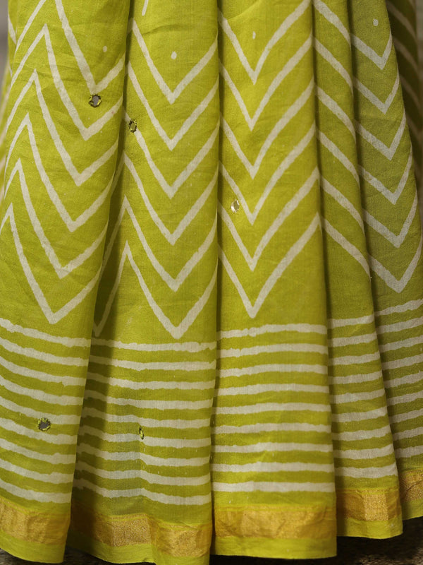 Handloom Chanderi Bagru Block Printed Mirror-Work Saree-Henna Green