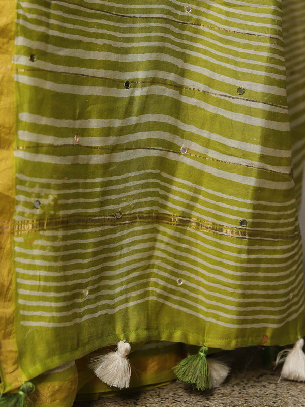 Handloom Chanderi Bagru Block Printed Mirror-Work Saree-Henna Green