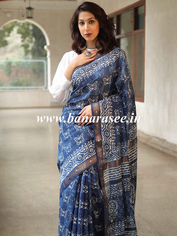 Handloom Maheshwari Silk Bagru Block Printed Mirror Work Saree-Blue