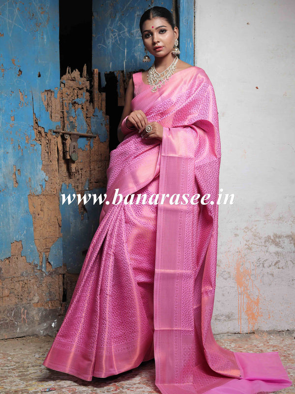 Banarasee Handwoven Semi Silk Saree With Copper Zari Buti Design-Pink