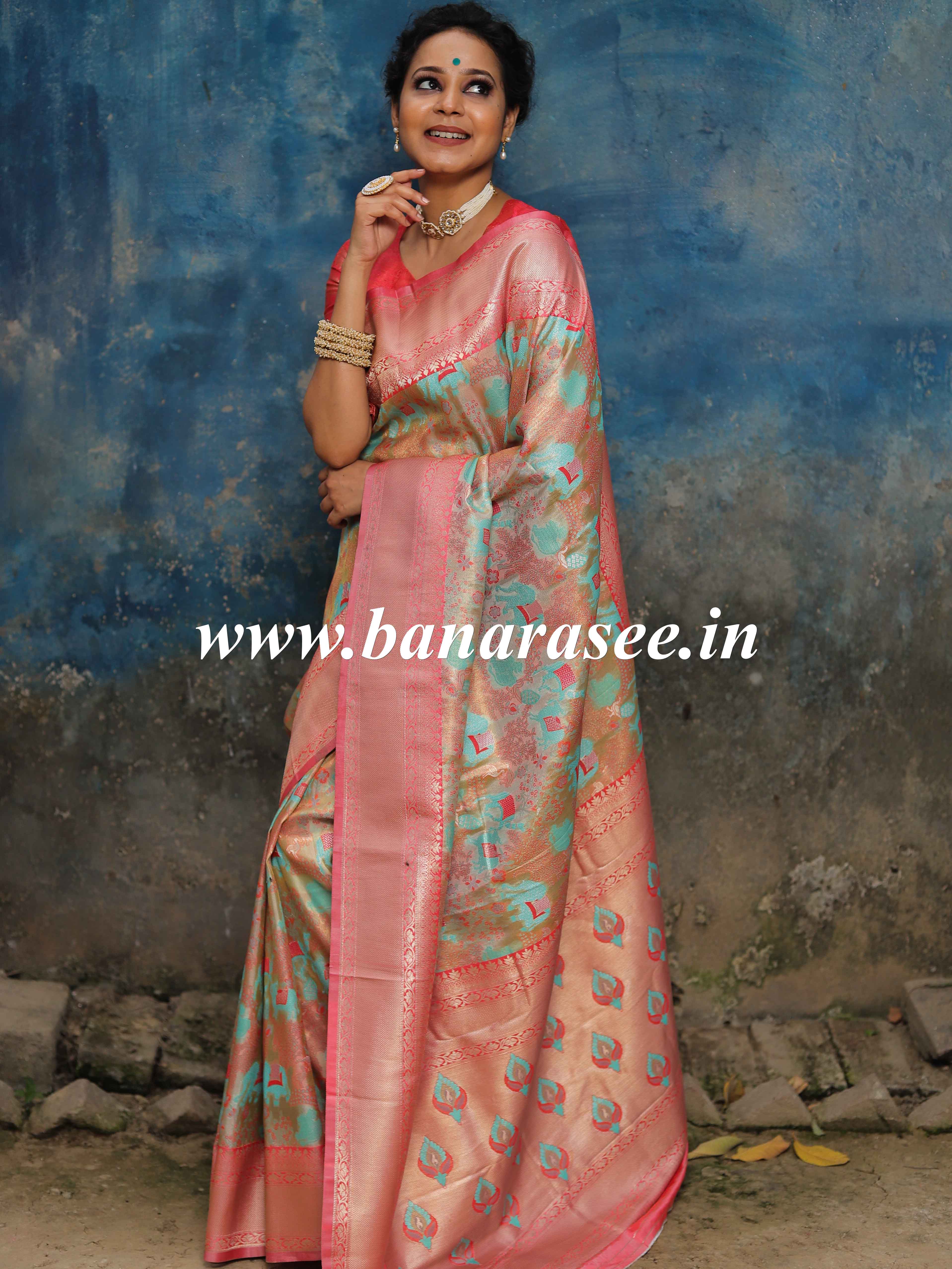 Banarasee Handwoven Semi-Katan Silk Meena & Zari Design Saree-Peach